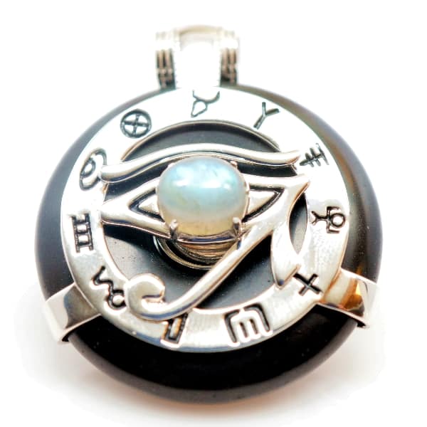 Black Obsidian w/Labradorite Eye – Horus Egyptian Amulet (Front)