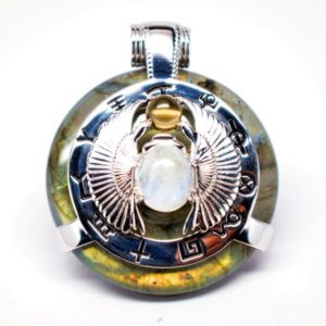 Rainbow Labradorite w/Moonstone Body – Scarab Egyptian Amulet (Front)