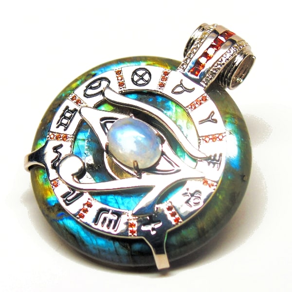 Rainbow Labradorite & Garnet w/ Moonstone Eye – Horus Egyptian Amulet
