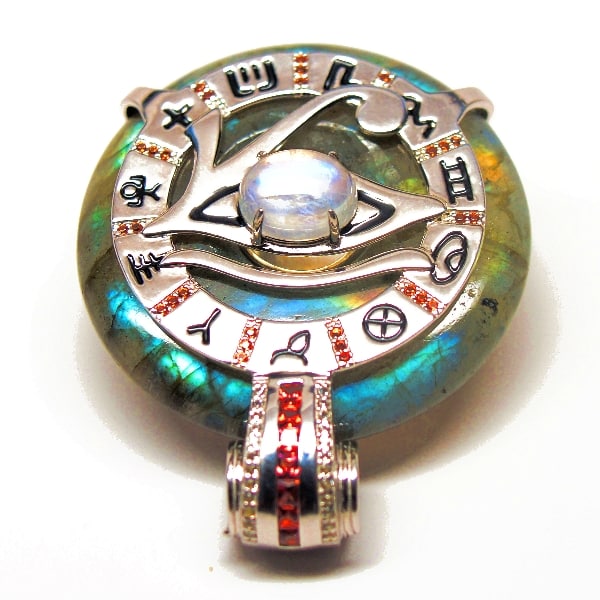Rainbow Labradorite & Garnet w/ Moonstone Eye – Horus Egyptian Amulet